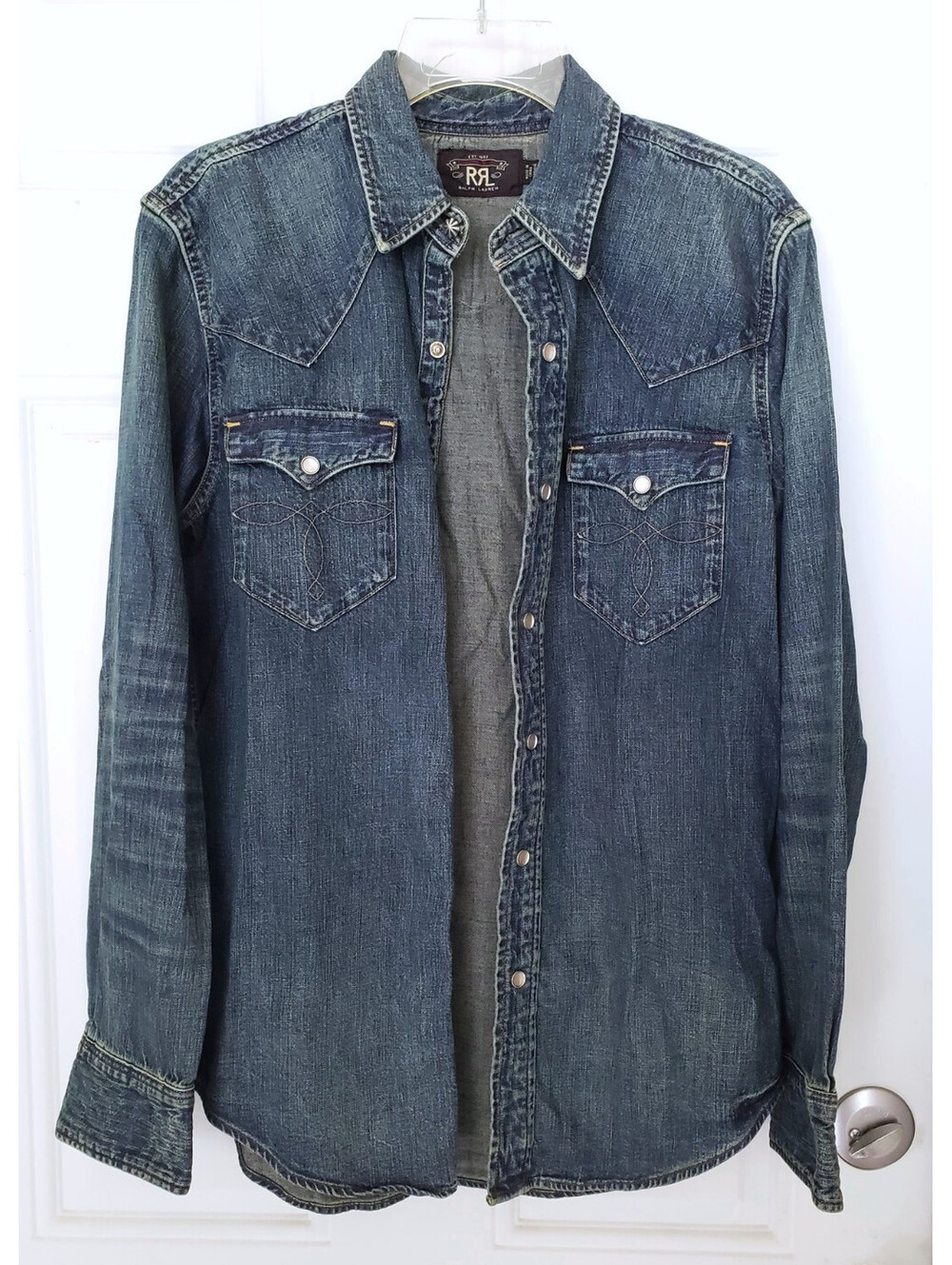 RRL Ralph Lauren Western Denim Snap Bottom Shirt Distressed Indigo men Size M - Picture 1 of 7